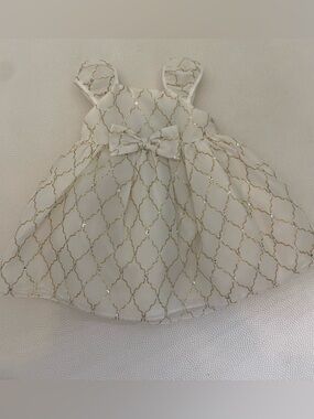 12 month White Baby Dress with Gold Lattice and Bow